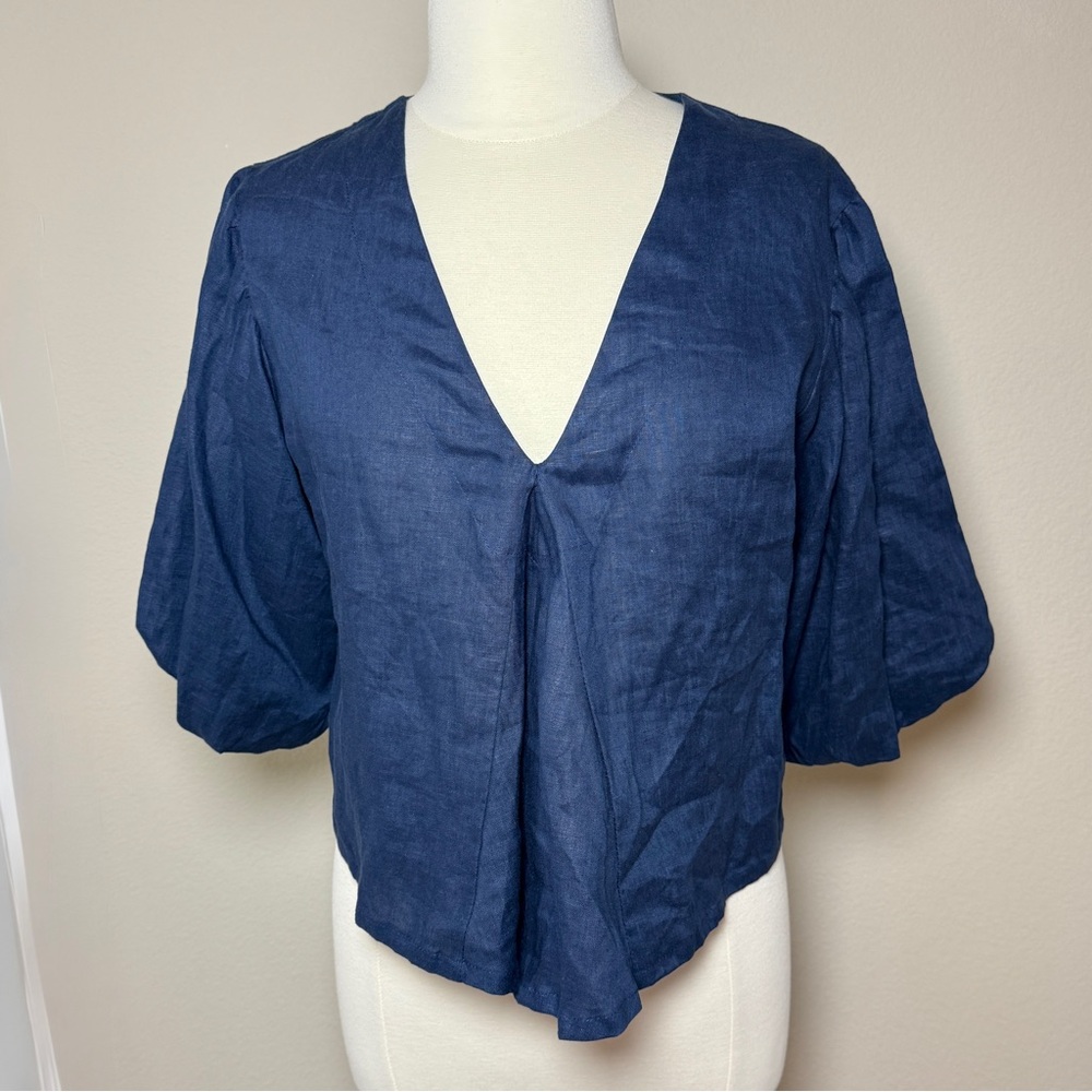LJC Designs, M - Navy Linen Balloon Sleeve V-Neck Top Coastal Minimalist Luxury